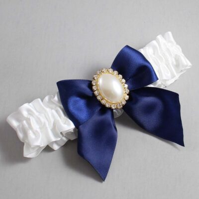 White and Navy Blue Satin Wedding Garter / White and Blue Wedding Garters / Wedding Garter / Custom Wedding Garter / Bridal Garter / Prom Garter / Linda Joyce Couture / Personalized Garter / Personalized Wedding Garter / Personalized Prom Garter