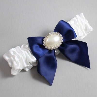 White and Navy Blue Satin Wedding Garter / White and Blue Wedding Garters / Wedding Garter / Custom Wedding Garter / Bridal Garter / Prom Garter / Linda Joyce Couture / Personalized Garter / Personalized Wedding Garter / Personalized Prom Garter