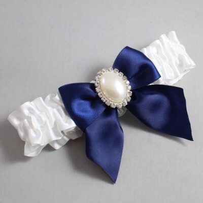 White and Navy Blue Satin Wedding Garter / White and Blue Wedding Garters / Wedding Garter / Custom Wedding Garter / Bridal Garter / Prom Garter / Linda Joyce Couture / Personalized Garter / Personalized Wedding Garter / Personalized Prom Garter