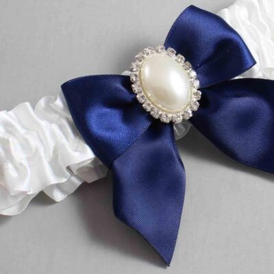 White and Navy Blue Satin Wedding Garter / White and Blue Wedding Garters / Wedding Garter / Custom Wedding Garter / Bridal Garter / Prom Garter / Linda Joyce Couture / Personalized Garter / Personalized Wedding Garter / Personalized Prom Garter