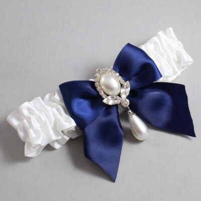 White and Navy Blue Satin Wedding Garter / White and Blue Wedding Garters / Wedding Garter / Custom Wedding Garter / Bridal Garter / Prom Garter / Linda Joyce Couture / Personalized Garter / Personalized Wedding Garter / Personalized Prom Garter