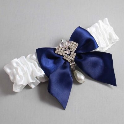 White and Navy Blue Satin Wedding Garter / White and Blue Wedding Garters / Wedding Garter / Custom Wedding Garter / Bridal Garter / Prom Garter / Linda Joyce Couture / Personalized Garter / Personalized Wedding Garter / Personalized Prom Garter