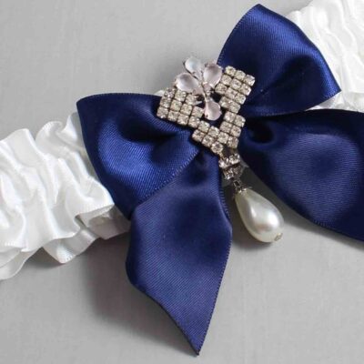 White and Navy Blue Satin Wedding Garter / White and Blue Wedding Garters / Wedding Garter / Custom Wedding Garter / Bridal Garter / Prom Garter / Linda Joyce Couture / Personalized Garter / Personalized Wedding Garter / Personalized Prom Garter