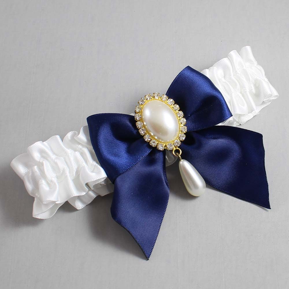 White and Navy Blue Satin Wedding Garter / White and Blue Wedding Garters / Wedding Garter / Custom Wedding Garter / Bridal Garter / Prom Garter / Linda Joyce Couture / Personalized Garter / Personalized Wedding Garter / Personalized Prom Garter