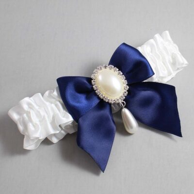 White and Navy Blue Satin Wedding Garter / White and Blue Wedding Garters / Wedding Garter / Custom Wedding Garter / Bridal Garter / Prom Garter / Linda Joyce Couture / Personalized Garter / Personalized Wedding Garter / Personalized Prom Garter