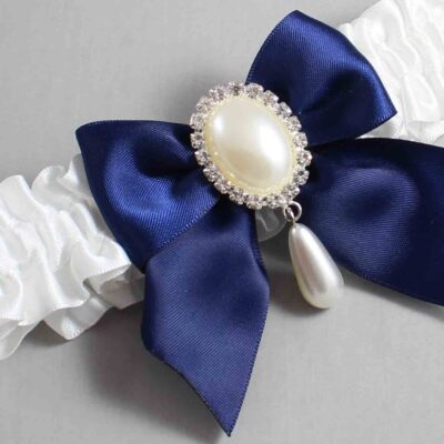 White and Navy Blue Satin Wedding Garter / White and Blue Wedding Garters / Wedding Garter / Custom Wedding Garter / Bridal Garter / Prom Garter / Linda Joyce Couture / Personalized Garter / Personalized Wedding Garter / Personalized Prom Garter