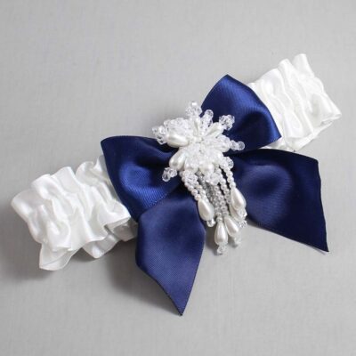 White and Navy Blue Satin Wedding Garter / White and Blue Wedding Garters / Wedding Garter / Custom Wedding Garter / Bridal Garter / Prom Garter / Linda Joyce Couture / Personalized Garter / Personalized Wedding Garter / Personalized Prom Garter