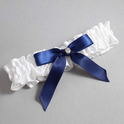 White and Navy Blue Satin Wedding Garter / White Wedding Garters / Wedding Garter / Custom Wedding Garter / Bridal Garter / Prom Garter / Linda Joyce Couture / Personalized Garter / Personalized Wedding Garter / Personalized Prom Garter