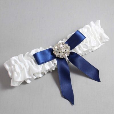 White and Navy Blue Satin Wedding Garter / White Wedding Garters / Wedding Garter / Custom Wedding Garter / Bridal Garter / Prom Garter / Linda Joyce Couture / Personalized Garter / Personalized Wedding Garter / Personalized Prom Garter