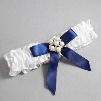 White and Navy Blue Satin Wedding Garter / White Wedding Garters / Wedding Garter / Custom Wedding Garter / Bridal Garter / Prom Garter / Linda Joyce Couture / Personalized Garter / Personalized Wedding Garter / Personalized Prom Garter