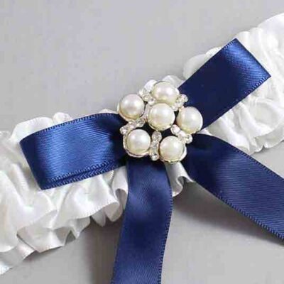 White and Navy Blue Satin Wedding Garter / White Wedding Garters / Wedding Garter / Custom Wedding Garter / Bridal Garter / Prom Garter / Linda Joyce Couture / Personalized Garter / Personalized Wedding Garter / Personalized Prom Garter