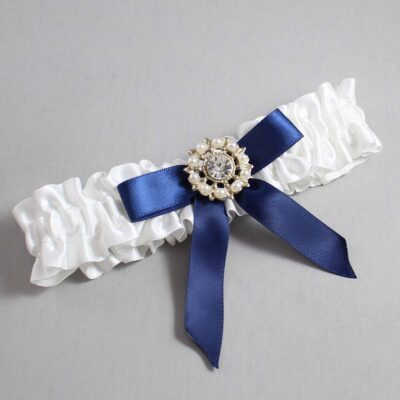 White and Navy Blue Satin Wedding Garter / White Wedding Garters / Wedding Garter / Custom Wedding Garter / Bridal Garter / Prom Garter / Linda Joyce Couture / Personalized Garter / Personalized Wedding Garter / Personalized Prom Garter