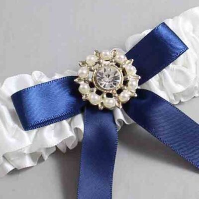 White and Navy Blue Satin Wedding Garter / White Wedding Garters / Wedding Garter / Custom Wedding Garter / Bridal Garter / Prom Garter / Linda Joyce Couture / Personalized Garter / Personalized Wedding Garter / Personalized Prom Garter