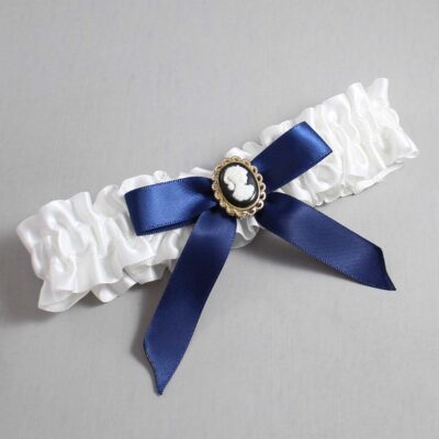 White and Navy Blue Satin Wedding Garter / White Wedding Garters / Wedding Garter / Custom Wedding Garter / Bridal Garter / Prom Garter / Linda Joyce Couture / Personalized Garter / Personalized Wedding Garter / Personalized Prom Garter