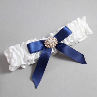 White and Navy Blue Satin Wedding Garter / White Wedding Garters / Wedding Garter / Custom Wedding Garter / Bridal Garter / Prom Garter / Linda Joyce Couture / Personalized Garter / Personalized Wedding Garter / Personalized Prom Garter
