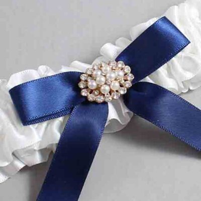 White and Navy Blue Satin Wedding Garter / White Wedding Garters / Wedding Garter / Custom Wedding Garter / Bridal Garter / Prom Garter / Linda Joyce Couture / Personalized Garter / Personalized Wedding Garter / Personalized Prom Garter
