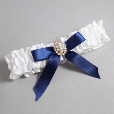 White and Navy Blue Satin Wedding Garter / White Wedding Garters / Wedding Garter / Custom Wedding Garter / Bridal Garter / Prom Garter / Linda Joyce Couture / Personalized Garter / Personalized Wedding Garter / Personalized Prom Garter