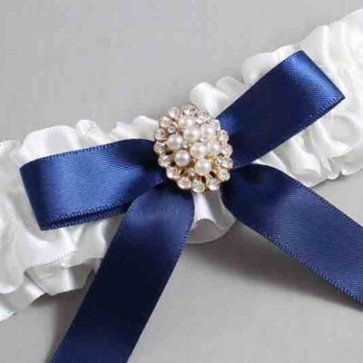 White and Navy Blue Satin Wedding Garter / White Wedding Garters / Wedding Garter / Custom Wedding Garter / Bridal Garter / Prom Garter / Linda Joyce Couture / Personalized Garter / Personalized Wedding Garter / Personalized Prom Garter