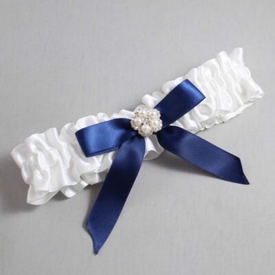 White and Navy Blue Satin Wedding Garter / White Wedding Garters / Wedding Garter / Custom Wedding Garter / Bridal Garter / Prom Garter / Linda Joyce Couture / Personalized Garter / Personalized Wedding Garter / Personalized Prom Garter