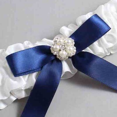 White and Navy Blue Satin Wedding Garter / White Wedding Garters / Wedding Garter / Custom Wedding Garter / Bridal Garter / Prom Garter / Linda Joyce Couture / Personalized Garter / Personalized Wedding Garter / Personalized Prom Garter