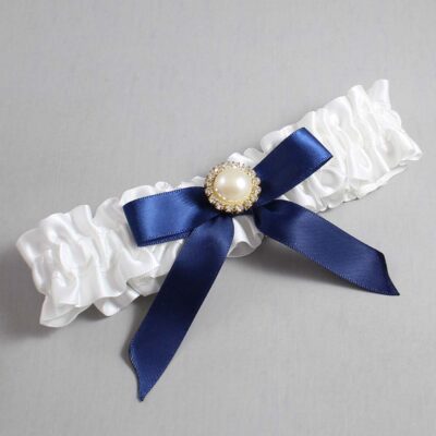 White and Navy Blue Satin Wedding Garter / White Wedding Garters / Wedding Garter / Custom Wedding Garter / Bridal Garter / Prom Garter / Linda Joyce Couture / Personalized Garter / Personalized Wedding Garter / Personalized Prom Garter