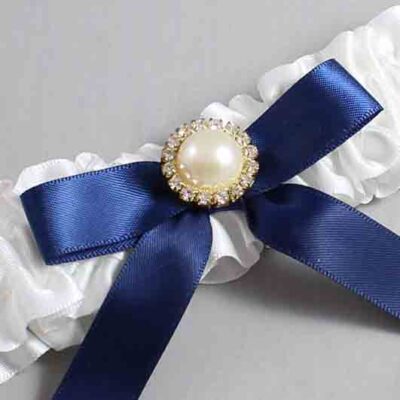 White and Navy Blue Satin Wedding Garter / White Wedding Garters / Wedding Garter / Custom Wedding Garter / Bridal Garter / Prom Garter / Linda Joyce Couture / Personalized Garter / Personalized Wedding Garter / Personalized Prom Garter