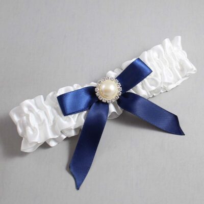 White and Navy Blue Satin Wedding Garter / White Wedding Garters / Wedding Garter / Custom Wedding Garter / Bridal Garter / Prom Garter / Linda Joyce Couture / Personalized Garter / Personalized Wedding Garter / Personalized Prom Garter