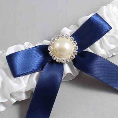 White and Navy Blue Satin Wedding Garter / White Wedding Garters / Wedding Garter / Custom Wedding Garter / Bridal Garter / Prom Garter / Linda Joyce Couture / Personalized Garter / Personalized Wedding Garter / Personalized Prom Garter
