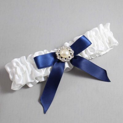 White and Navy Blue Satin Wedding Garter / White Wedding Garters / Wedding Garter / Custom Wedding Garter / Bridal Garter / Prom Garter / Linda Joyce Couture / Personalized Garter / Personalized Wedding Garter / Personalized Prom Garter