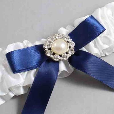 White and Navy Blue Satin Wedding Garter / White Wedding Garters / Wedding Garter / Custom Wedding Garter / Bridal Garter / Prom Garter / Linda Joyce Couture / Personalized Garter / Personalized Wedding Garter / Personalized Prom Garter