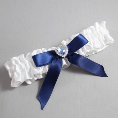 White and Navy Blue Satin Wedding Garter / White Wedding Garters / Wedding Garter / Custom Wedding Garter / Bridal Garter / Prom Garter / Linda Joyce Couture / Personalized Garter / Personalized Wedding Garter / Personalized Prom Garter