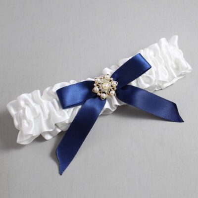 White and Navy Blue Satin Wedding Garter / White Wedding Garters / Wedding Garter / Custom Wedding Garter / Bridal Garter / Prom Garter / Linda Joyce Couture / Personalized Garter / Personalized Wedding Garter / Personalized Prom Garter