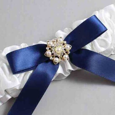 White and Navy Blue Satin Wedding Garter / White Wedding Garters / Wedding Garter / Custom Wedding Garter / Bridal Garter / Prom Garter / Linda Joyce Couture / Personalized Garter / Personalized Wedding Garter / Personalized Prom Garter