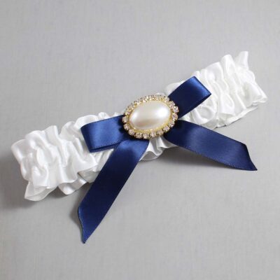 White and Navy Blue Satin Wedding Garter / White Wedding Garters / Wedding Garter / Custom Wedding Garter / Bridal Garter / Prom Garter / Linda Joyce Couture / Personalized Garter / Personalized Wedding Garter / Personalized Prom Garter
