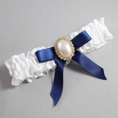 White and Navy Blue Satin Wedding Garter / White Wedding Garters / Wedding Garter / Custom Wedding Garter / Bridal Garter / Prom Garter / Linda Joyce Couture / Personalized Garter / Personalized Wedding Garter / Personalized Prom Garter