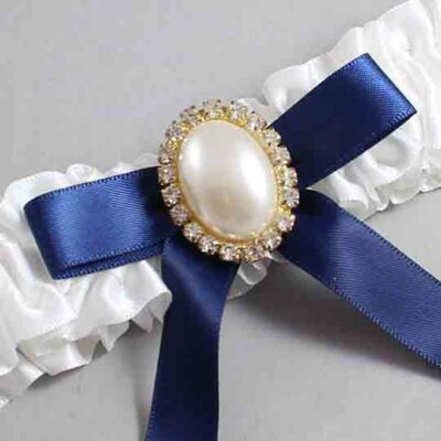 White and Navy Blue Satin Wedding Garter / White Wedding Garters / Wedding Garter / Custom Wedding Garter / Bridal Garter / Prom Garter / Linda Joyce Couture / Personalized Garter / Personalized Wedding Garter / Personalized Prom Garter