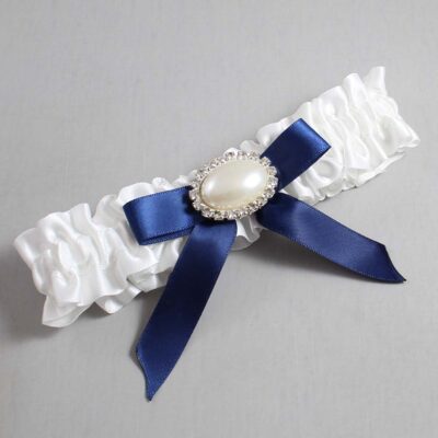 White and Navy Blue Satin Wedding Garter / White Wedding Garters / Wedding Garter / Custom Wedding Garter / Bridal Garter / Prom Garter / Linda Joyce Couture / Personalized Garter / Personalized Wedding Garter / Personalized Prom Garter
