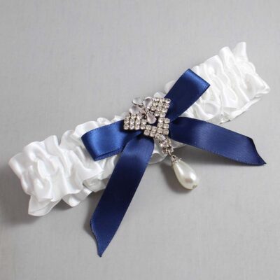 White and Navy Blue Satin Wedding Garter / White Wedding Garters / Wedding Garter / Custom Wedding Garter / Bridal Garter / Prom Garter / Linda Joyce Couture / Personalized Garter / Personalized Wedding Garter / Personalized Prom Garter