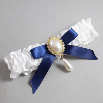 White and Navy Blue Satin Wedding Garter / White Wedding Garters / Wedding Garter / Custom Wedding Garter / Bridal Garter / Prom Garter / Linda Joyce Couture / Personalized Garter / Personalized Wedding Garter / Personalized Prom Garter
