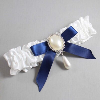 White and Navy Blue Satin Wedding Garter / White Wedding Garters / Wedding Garter / Custom Wedding Garter / Bridal Garter / Prom Garter / Linda Joyce Couture / Personalized Garter / Personalized Wedding Garter / Personalized Prom Garter