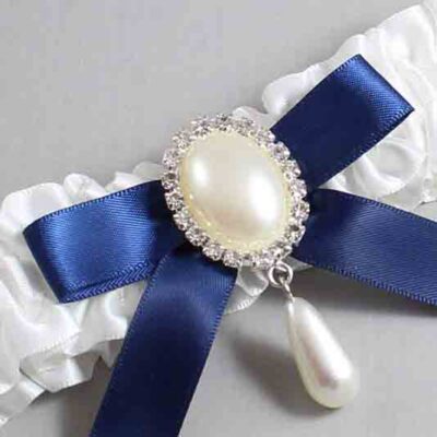 White and Navy Blue Satin Wedding Garter / White Wedding Garters / Wedding Garter / Custom Wedding Garter / Bridal Garter / Prom Garter / Linda Joyce Couture / Personalized Garter / Personalized Wedding Garter / Personalized Prom Garter