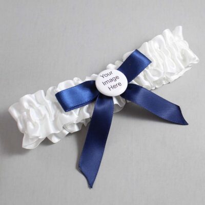 White and Navy Blue Satin Wedding Garter / White Wedding Garters / Wedding Garter / Custom Wedding Garter / Bridal Garter / Prom Garter / Linda Joyce Couture / Personalized Garter / Personalized Wedding Garter / Personalized Prom Garter