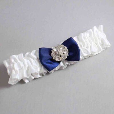 White and Navy Blue Satin Wedding Garter / White Wedding Garters / Wedding Garter / Custom Wedding Garter / Bridal Garter / Prom Garter / Linda Joyce Couture / Personalized Garter / Personalized Wedding Garter / Personalized Prom Garter