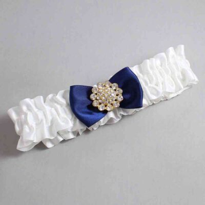 White and Navy Blue Satin Wedding Garter / White Wedding Garters / Wedding Garter / Custom Wedding Garter / Bridal Garter / Prom Garter / Linda Joyce Couture / Personalized Garter / Personalized Wedding Garter / Personalized Prom Garter