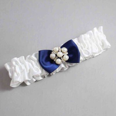 White and Navy Blue Satin Wedding Garter / White Wedding Garters / Wedding Garter / Custom Wedding Garter / Bridal Garter / Prom Garter / Linda Joyce Couture / Personalized Garter / Personalized Wedding Garter / Personalized Prom Garter