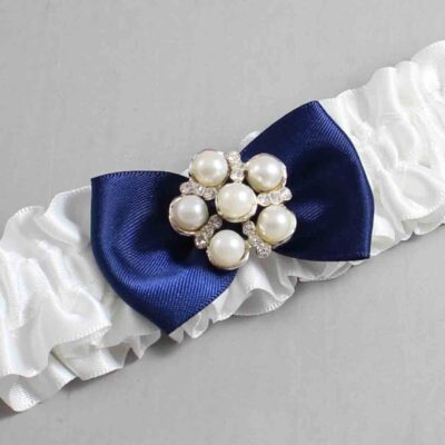 White and Navy Blue Satin Wedding Garter / White Wedding Garters / Wedding Garter / Custom Wedding Garter / Bridal Garter / Prom Garter / Linda Joyce Couture / Personalized Garter / Personalized Wedding Garter / Personalized Prom Garter