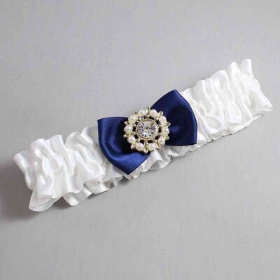 White and Navy Blue Satin Wedding Garter / White Wedding Garters / Wedding Garter / Custom Wedding Garter / Bridal Garter / Prom Garter / Linda Joyce Couture / Personalized Garter / Personalized Wedding Garter / Personalized Prom Garter