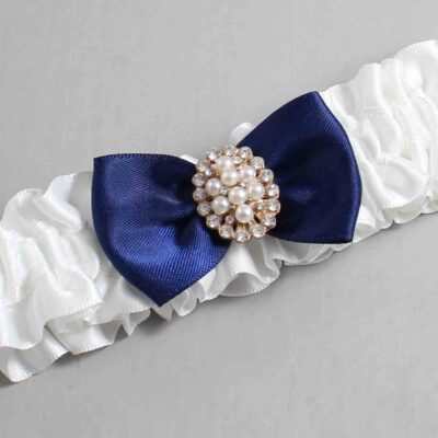 White and Navy Blue Satin Wedding Garter / White Wedding Garters / Wedding Garter / Custom Wedding Garter / Bridal Garter / Prom Garter / Linda Joyce Couture / Personalized Garter / Personalized Wedding Garter / Personalized Prom Garter