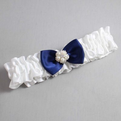 White and Navy Blue Satin Wedding Garter / White Wedding Garters / Wedding Garter / Custom Wedding Garter / Bridal Garter / Prom Garter / Linda Joyce Couture / Personalized Garter / Personalized Wedding Garter / Personalized Prom Garter