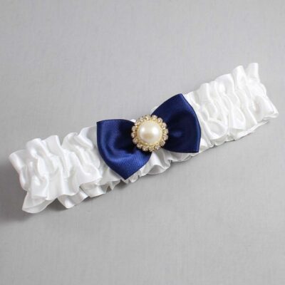 White and Navy Blue Satin Wedding Garter / White Wedding Garters / Wedding Garter / Custom Wedding Garter / Bridal Garter / Prom Garter / Linda Joyce Couture / Personalized Garter / Personalized Wedding Garter / Personalized Prom Garter